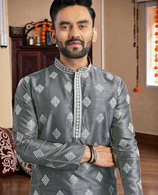 grey embroidered  silk only men's kurta 2