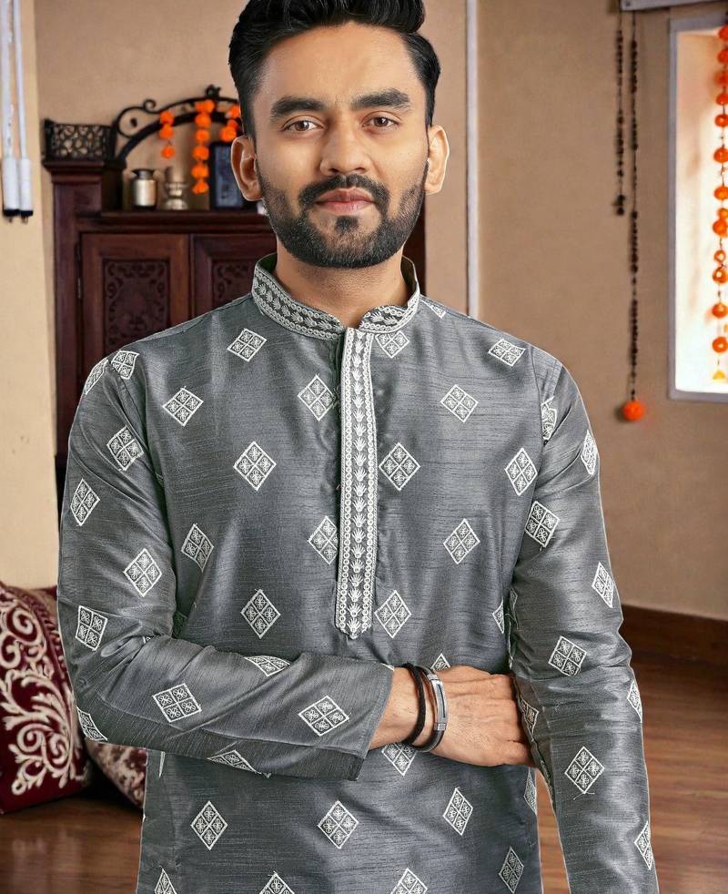  grey embroidered  silk only men's kurta