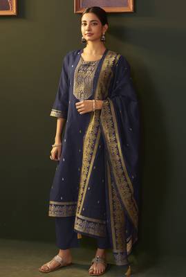 Navy blue jacquard silk blend straight kurta set with dupatta 4
