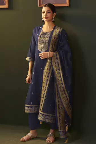 Navy blue jacquard silk blend straight kurta set with dupatta
