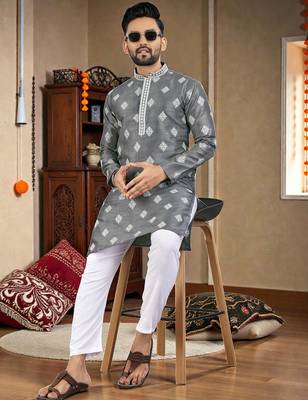  grey embroidered  silk only men's kurta 3