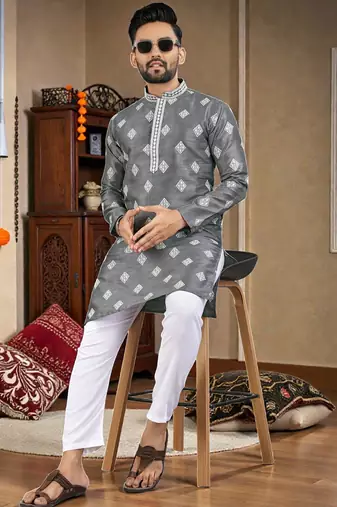  grey embroidered  silk only men's kurta