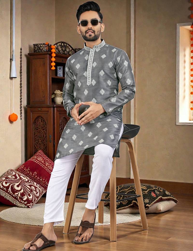  grey embroidered  silk only men's kurta