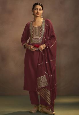 Rust chinnon embroidered kurta set with jacquard dupatta 1