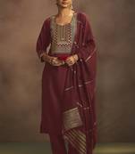 Rust chinnon embroidered kurta set with jacquard dupatta