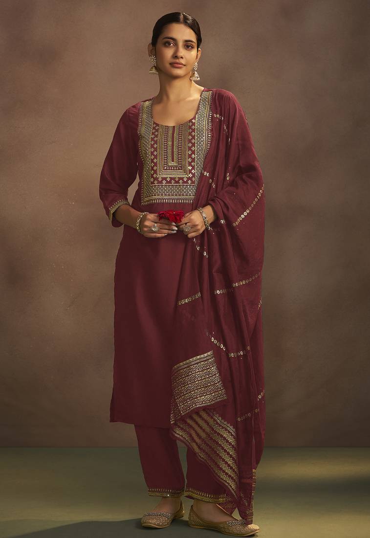Rust chinnon embroidered kurta set with jacquard dupatta