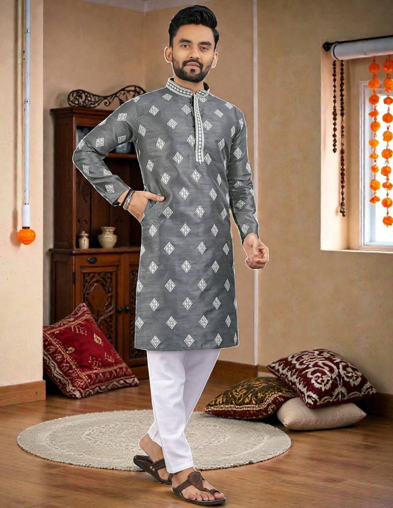  grey embroidered  silk only men's kurta