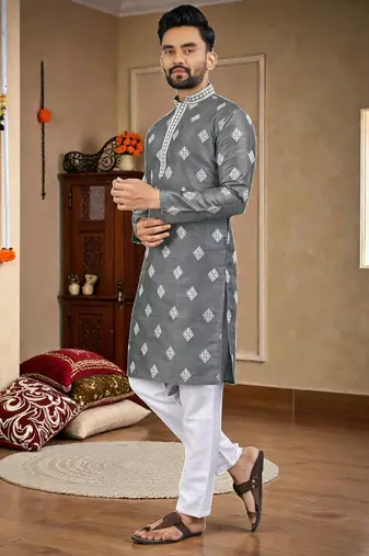  grey embroidered  silk only men's kurta