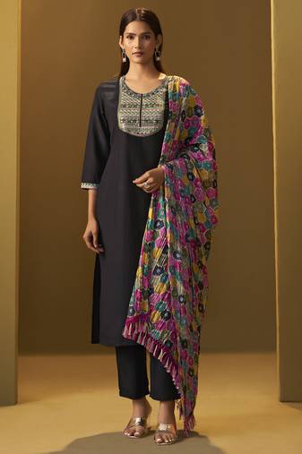 Women's black cotton blend embroidered straight kurta set multicolor chinon patola printed dupatta set