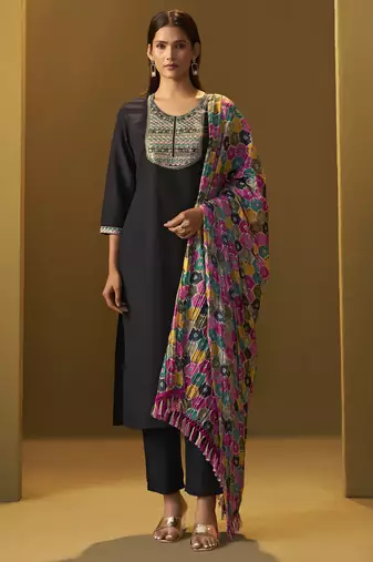 Women's black cotton blend embroidered straight kurta set multicolor chinon patola printed dupatta set