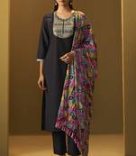 Women's black cotton blend embroidered straight kurta set multicolor chinon patola printed dupatta set