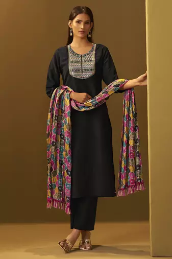Women's black cotton blend embroidered straight kurta set multicolor chinon patola printed dupatta set