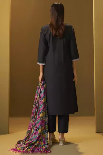Women's black cotton blend embroidered straight kurta set multicolor chinon patola printed dupatta set