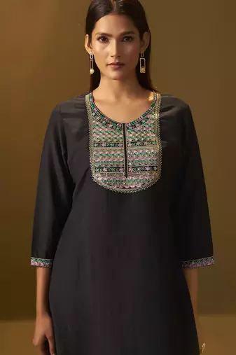 Women's black cotton blend embroidered straight kurta set multicolor chinon patola printed dupatta set