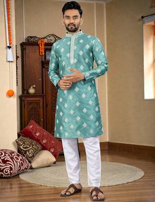  sky blue embroidered  silk only men's kurta 1