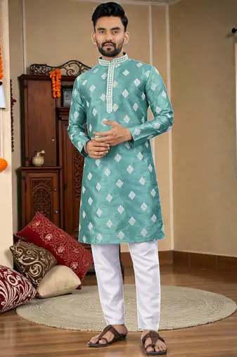  sky blue embroidered  silk only men's kurta