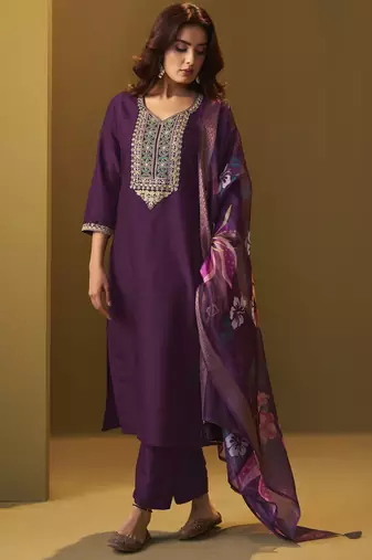 Women's designer wine cotton blend embroidered straight kurta with pant and organza jacquard printed dupatta set