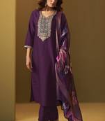 Women's designer wine cotton blend embroidered straight kurta with pant and organza jacquard printed dupatta set