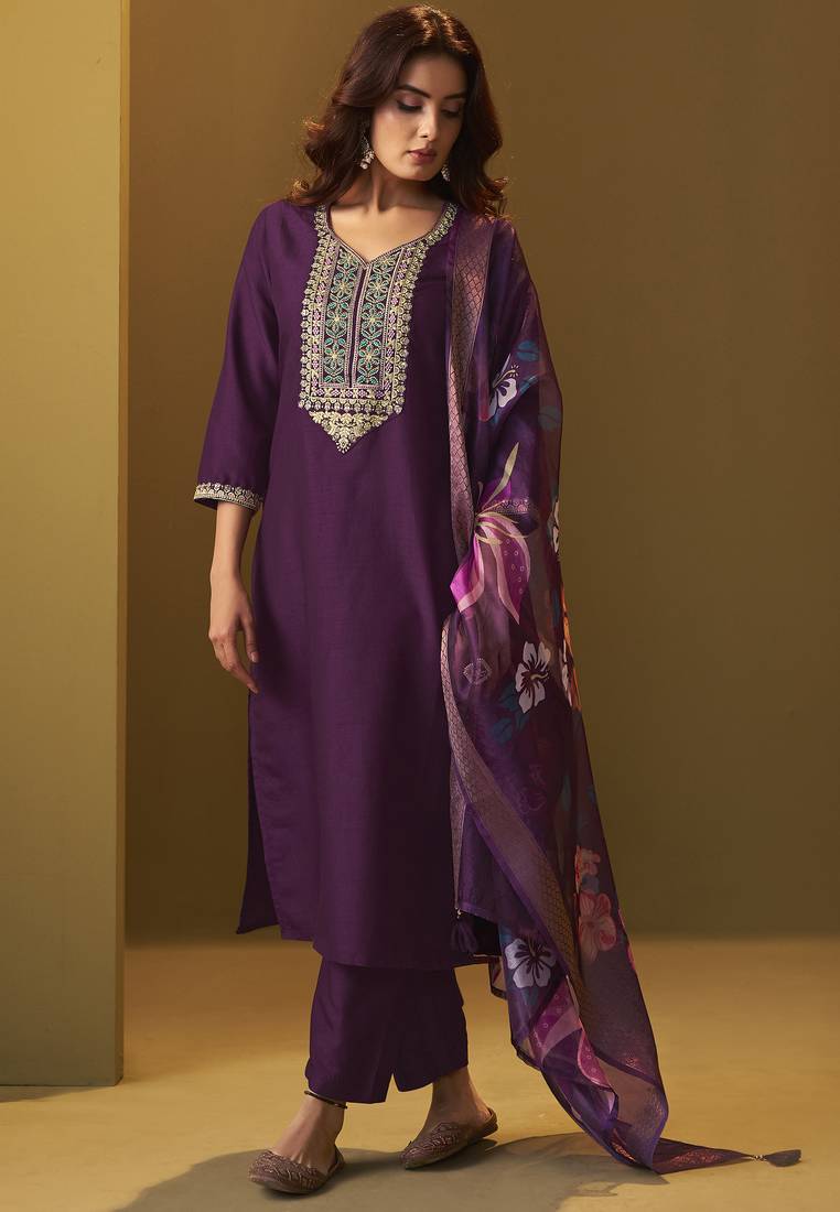 Women's designer wine cotton blend embroidered straight kurta with pant and organza jacquard printed dupatta set
