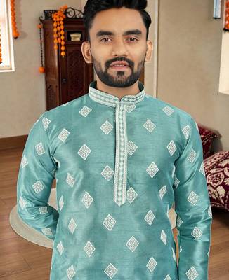  sky blue embroidered  silk only men's kurta 2