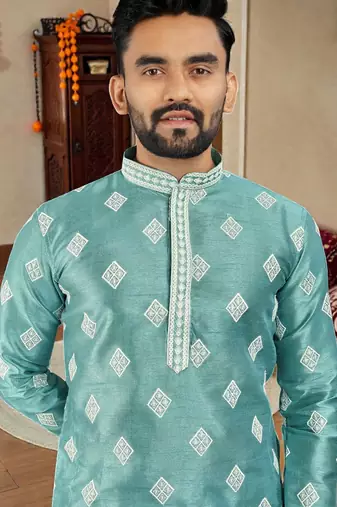  sky blue embroidered  silk only men's kurta