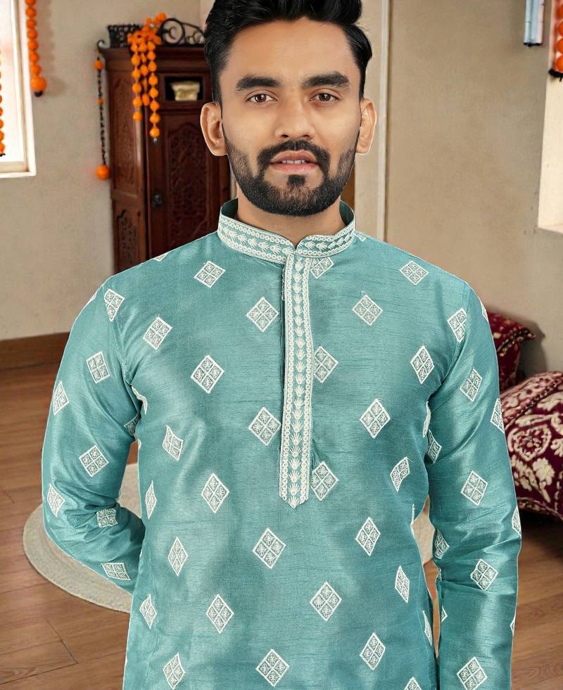  sky blue embroidered  silk only men's kurta