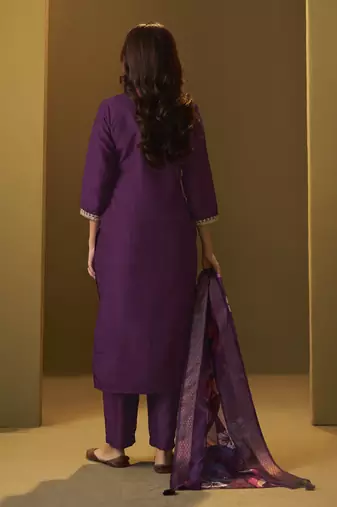 Women's designer wine cotton blend embroidered straight kurta with pant and organza jacquard printed dupatta set