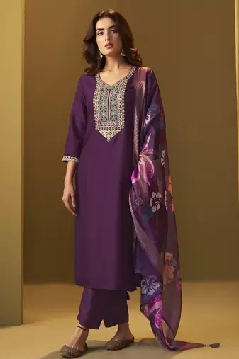 Women's designer wine cotton blend embroidered straight kurta with pant and organza jacquard printed dupatta set