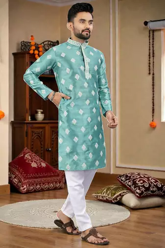  sky blue embroidered  silk only men's kurta