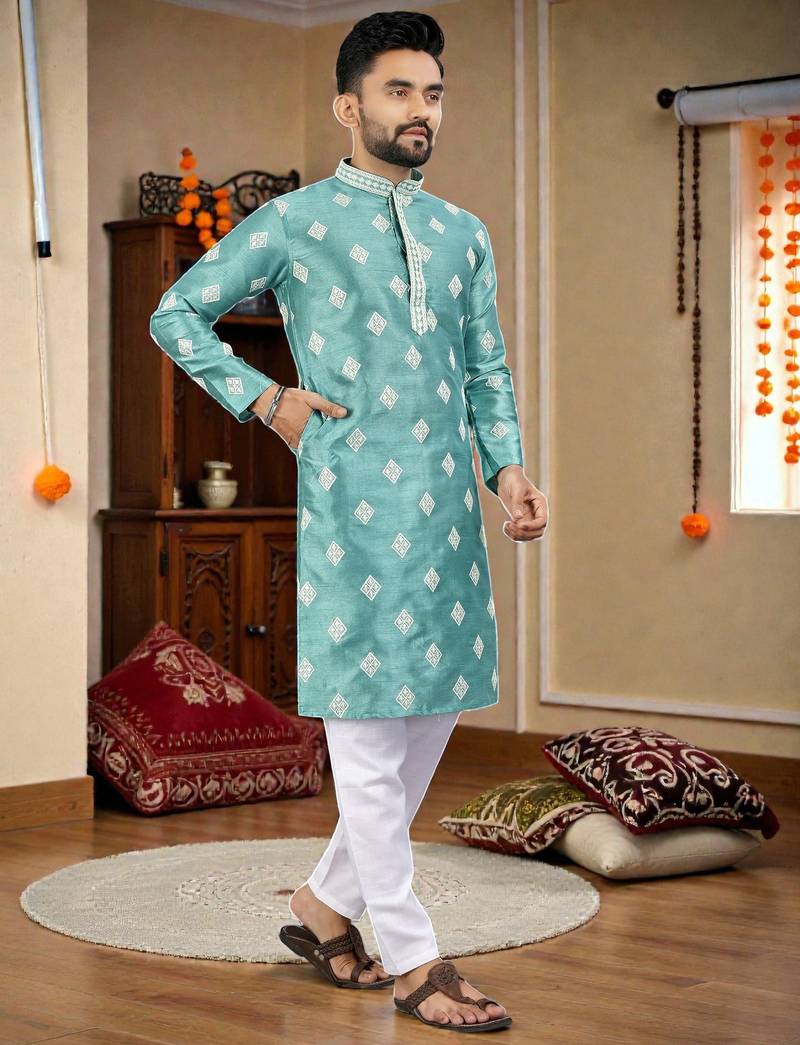  sky blue embroidered  silk only men's kurta