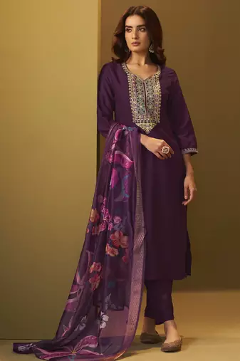 Women's designer wine cotton blend embroidered straight kurta with pant and organza jacquard printed dupatta set