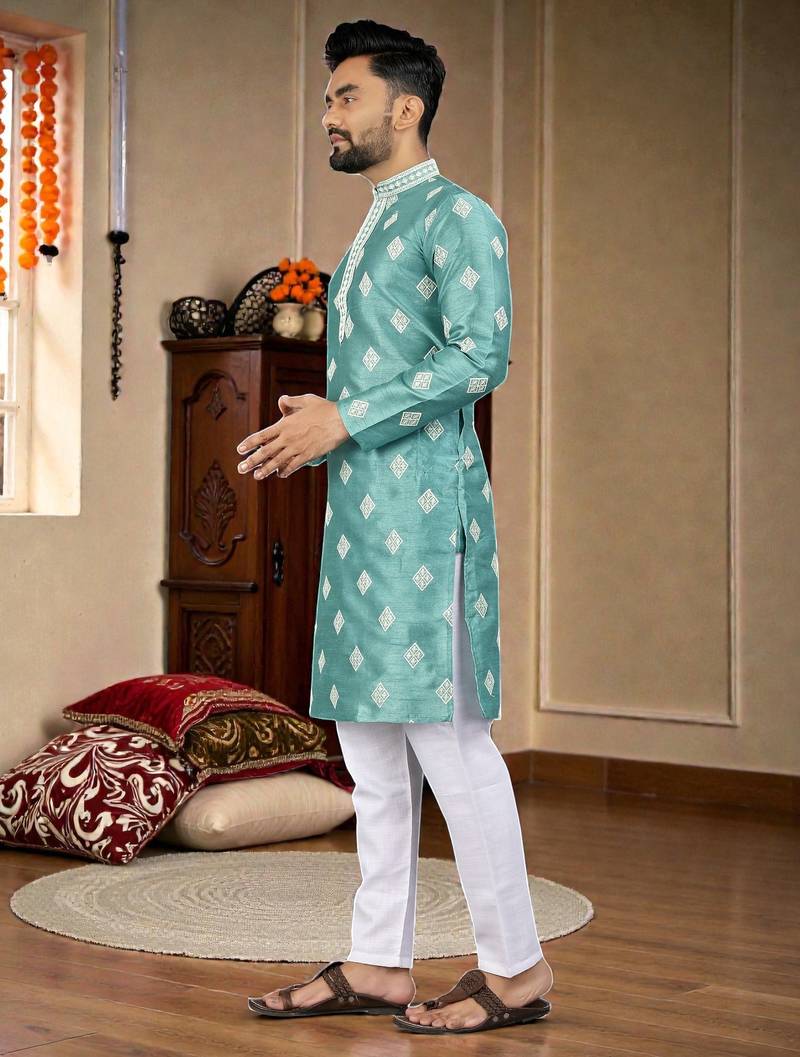  sky blue embroidered  silk only men's kurta