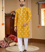  yellow embroidered  silk only men's kurta