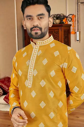  yellow embroidered  silk only men's kurta