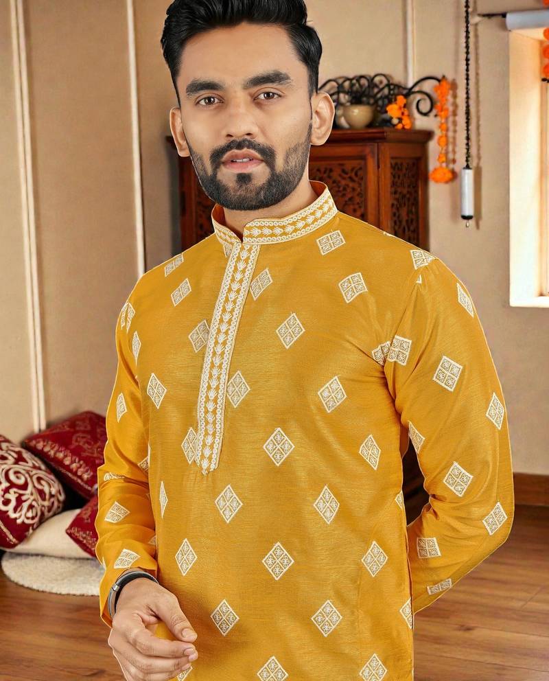  yellow embroidered  silk only men's kurta