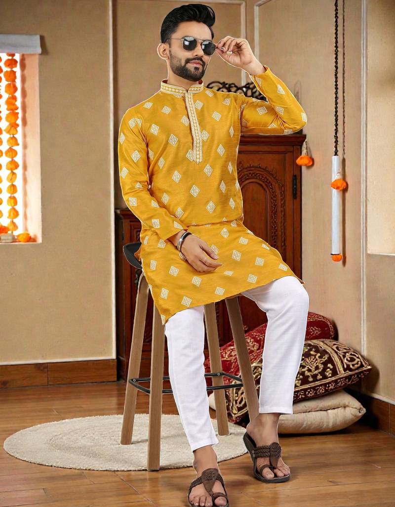 yellow embroidered  silk only men's kurta
