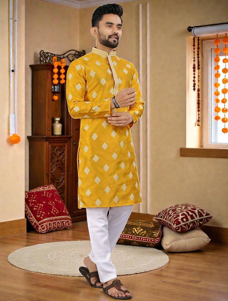  yellow embroidered  silk only men's kurta