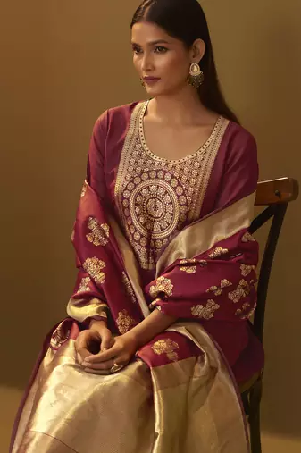 Women's festive red cotton blend jacquard straight kurta with solid pant and silk jacquard dupatta set