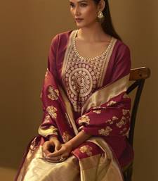 Women's festive red cotton blend jacquard straight kurta with solid pant and silk jacquard dupatta set