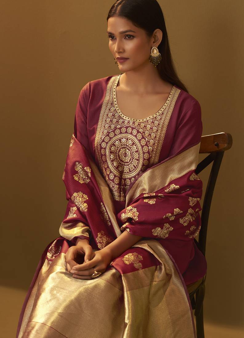 Women's festive red cotton blend jacquard straight kurta with solid pant and silk jacquard dupatta set