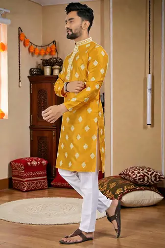  yellow embroidered  silk only men's kurta