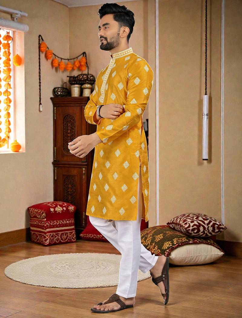  yellow embroidered  silk only men's kurta