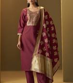 Women's festive red cotton blend jacquard straight kurta with solid pant and silk jacquard dupatta set