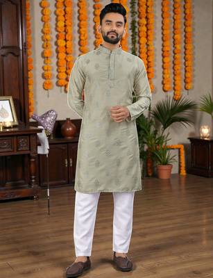  grey embroidered  silk only men's kurta 1