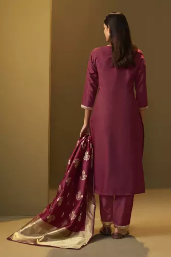 Women's festive red cotton blend jacquard straight kurta with solid pant and silk jacquard dupatta set