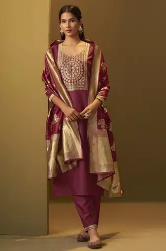 Women's festive red cotton blend jacquard straight kurta with solid pant and silk jacquard dupatta set