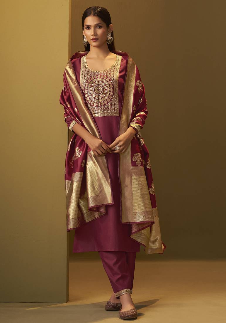 Women's festive red cotton blend jacquard straight kurta with solid pant and silk jacquard dupatta set