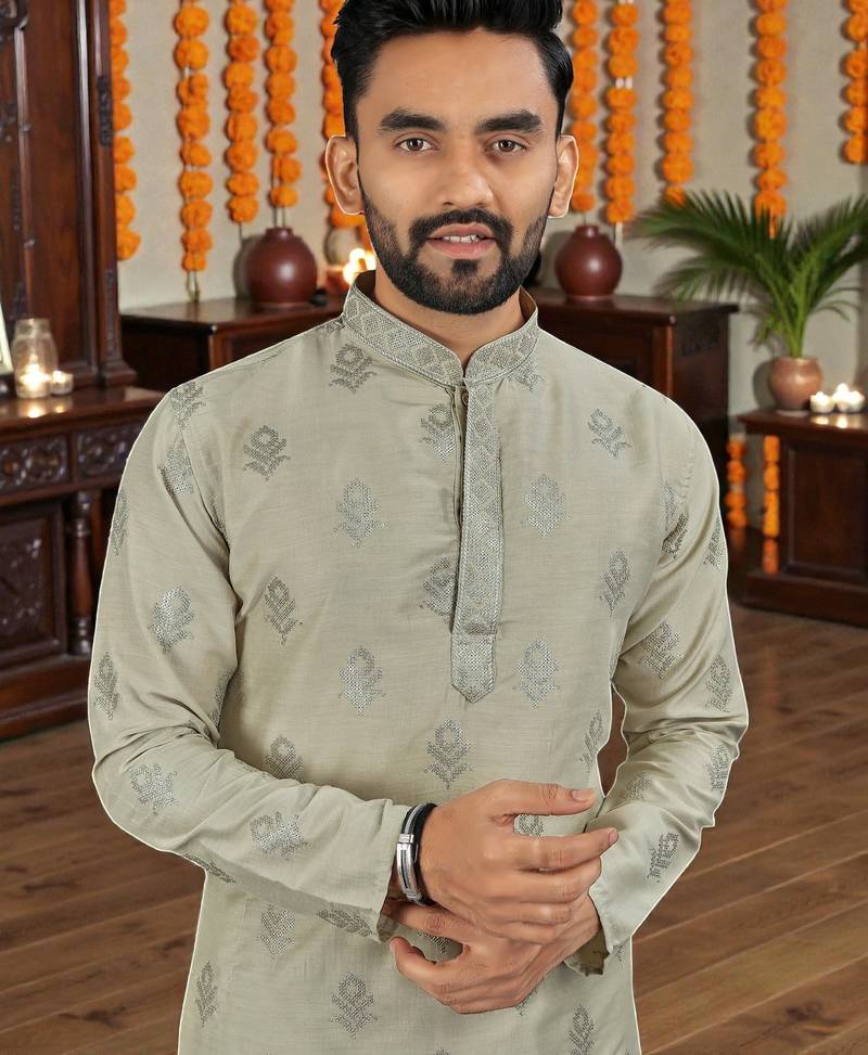  grey embroidered  silk only men's kurta