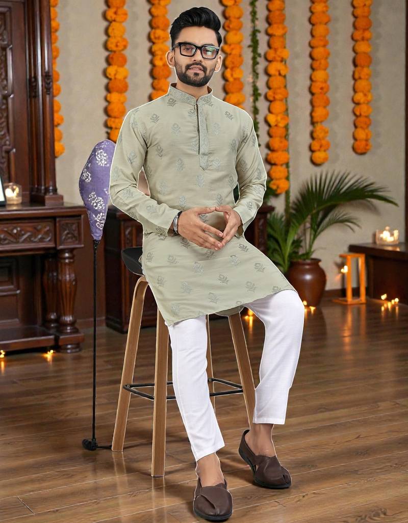  grey embroidered  silk only men's kurta