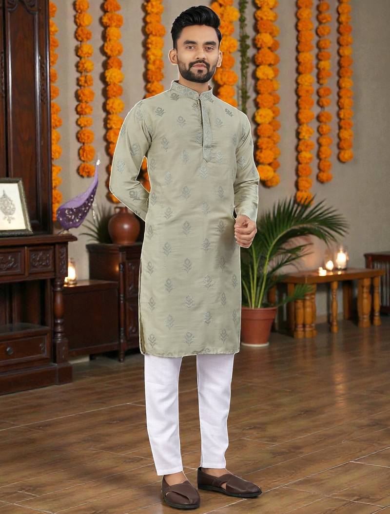  grey embroidered  silk only men's kurta